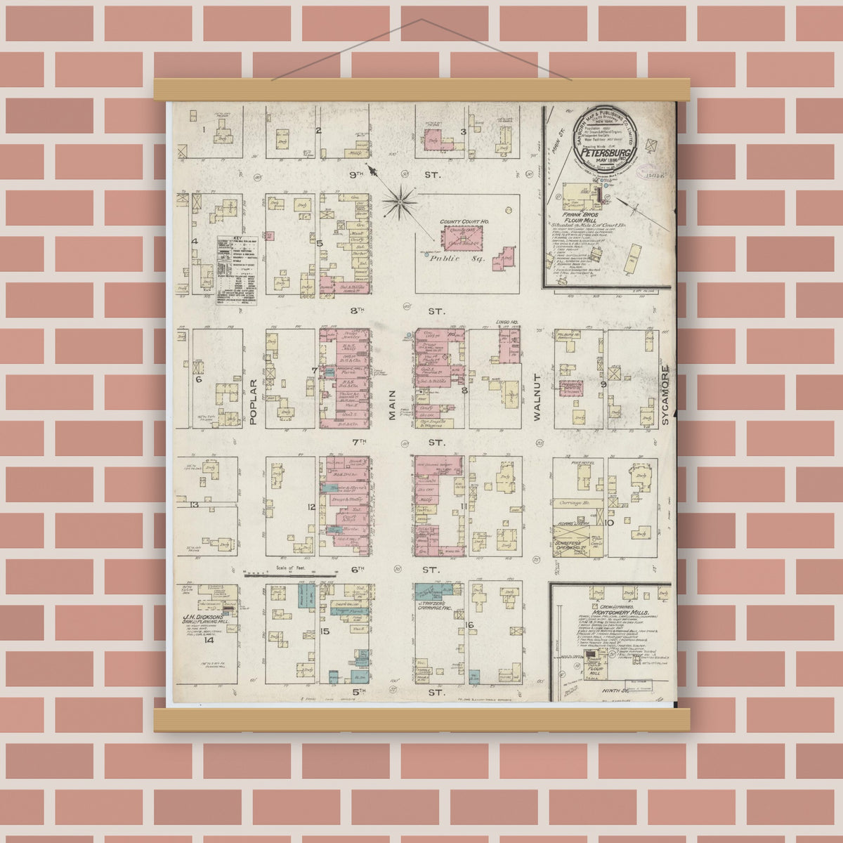 Old map wall art mockup — magnetic wood frame on brick wall — Sanborn Fire Insurance Map from Petersburg, Pike County, Indiana (1886), Sheet #0001