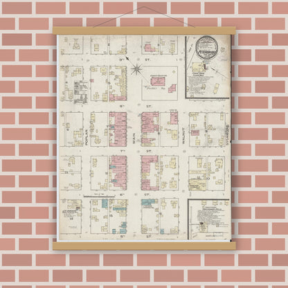 Old map wall art mockup — magnetic wood frame on brick wall — Sanborn Fire Insurance Map from Petersburg, Pike County, Indiana (1886), Sheet #0001