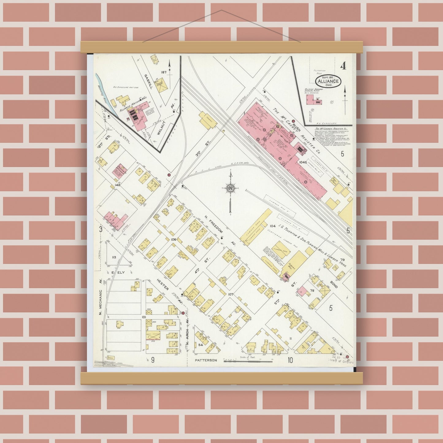 Old map wall art mockup — magnetic wood frame on brick wall — Sanborn Fire Insurance Map from Alliance, Stark County, Ohio (1911), Sheet #0004