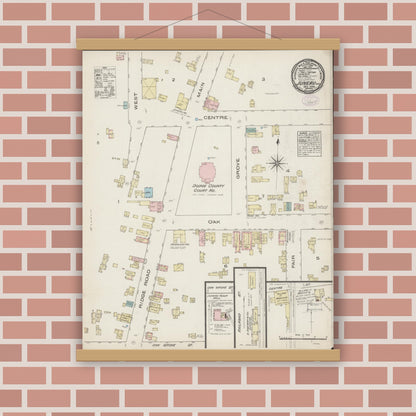 Old map wall art mockup — magnetic wood frame on brick wall — Sanborn Fire Insurance Map from Juneau, Dodge County, Wisconsin (1884), Sheet #0001