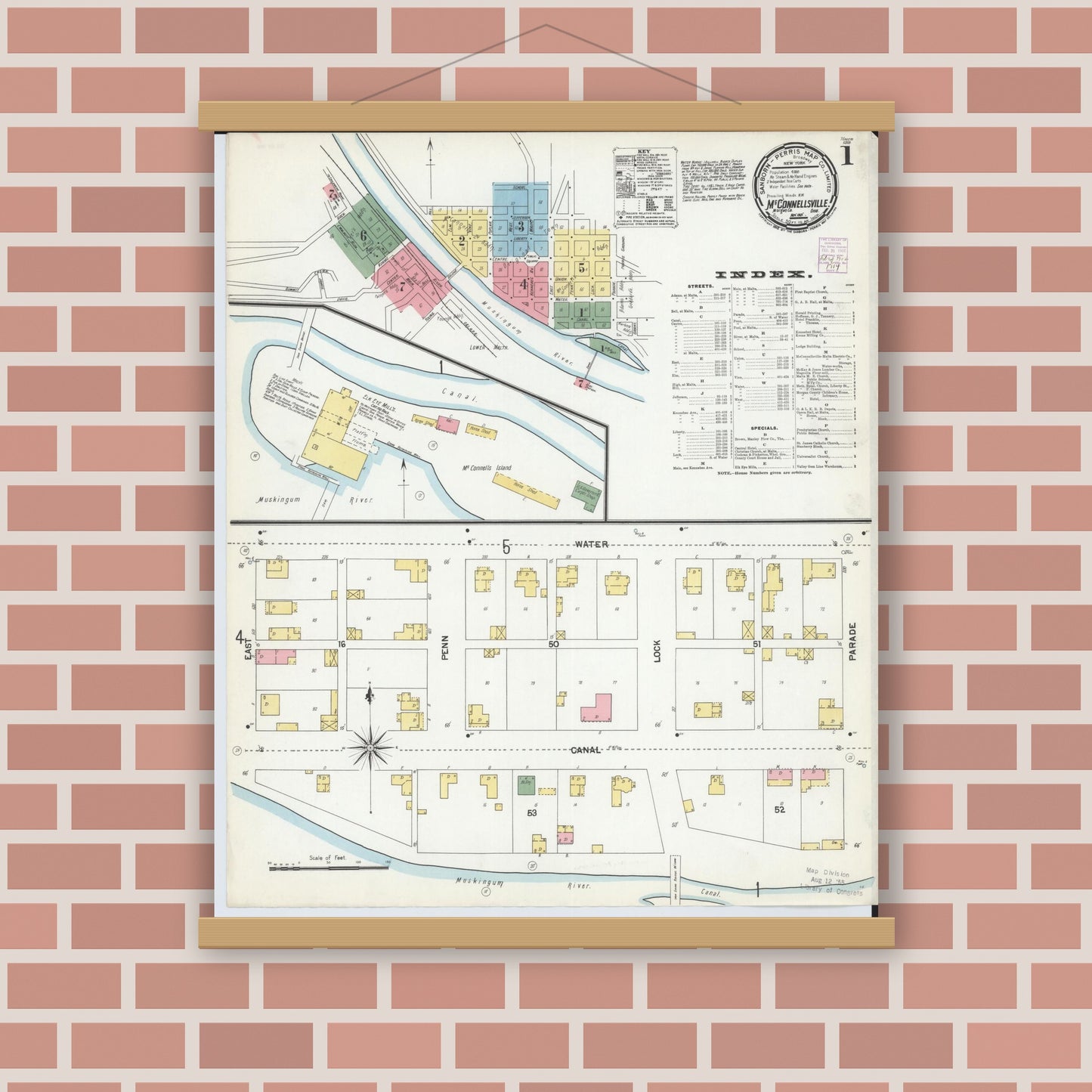 Old map wall art mockup — magnetic wood frame on brick wall — Sanborn Fire Insurance Map from McConnelsville, Morgan County, Ohio (1901), Sheet #0001