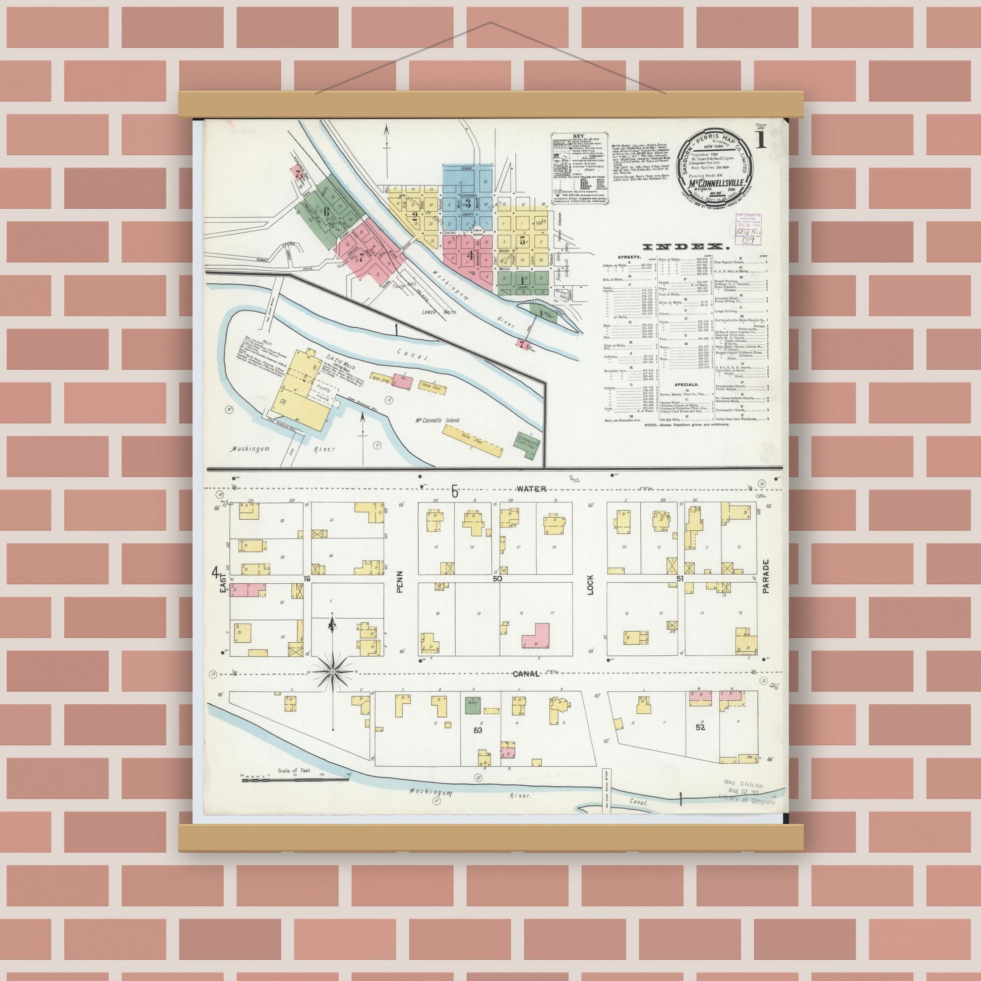 Old map wall art mockup — magnetic wood frame on brick wall — Sanborn Fire Insurance Map from McConnelsville, Morgan County, Ohio (1901), Sheet #0001