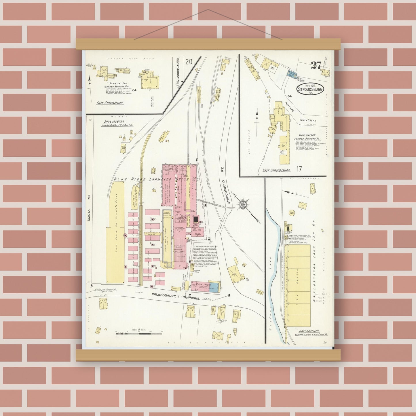 Old map wall art mockup — magnetic wood frame on brick wall — Sanborn Fire Insurance Map from Stroudsburg, Monroe County, Pennsylvania (1912), Sheet #0027