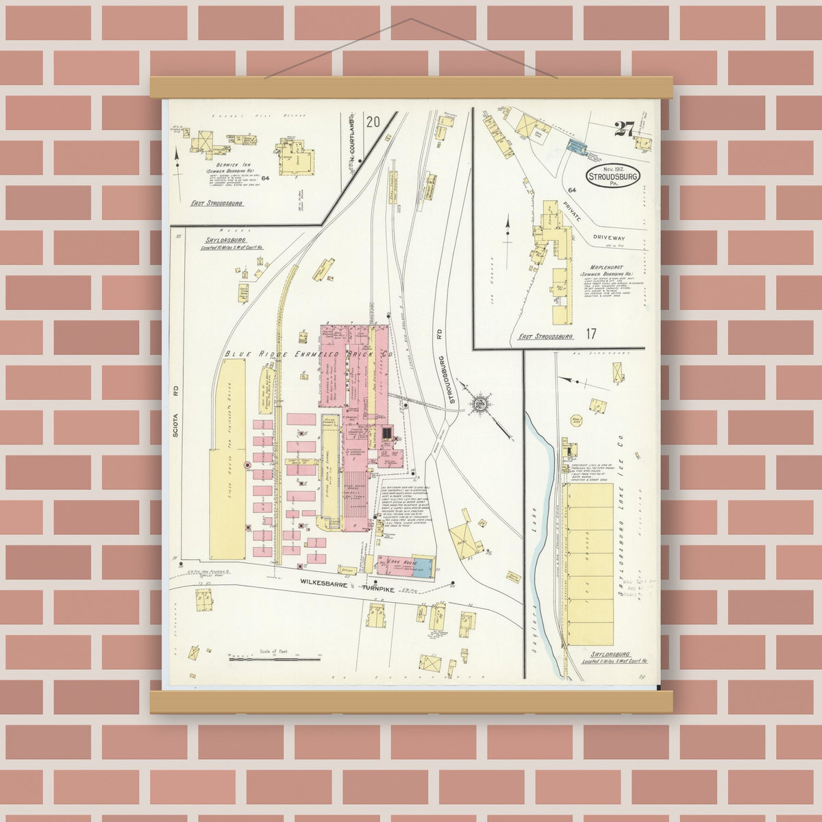 Old map wall art mockup — magnetic wood frame on brick wall — Sanborn Fire Insurance Map from Stroudsburg, Monroe County, Pennsylvania (1912), Sheet #0027