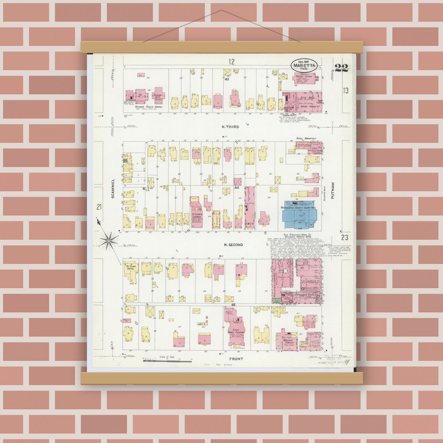 Old map wall art mockup — magnetic wood frame on brick wall — Sanborn Fire Insurance Map from Marietta, Washington County, Ohio (1907), Sheet #0022