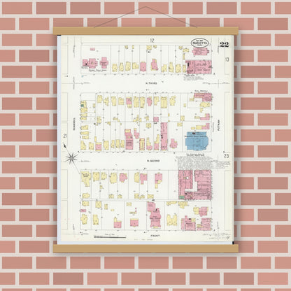 Old map wall art mockup — magnetic wood frame on brick wall — Sanborn Fire Insurance Map from Marietta, Washington County, Ohio (1907), Sheet #0022