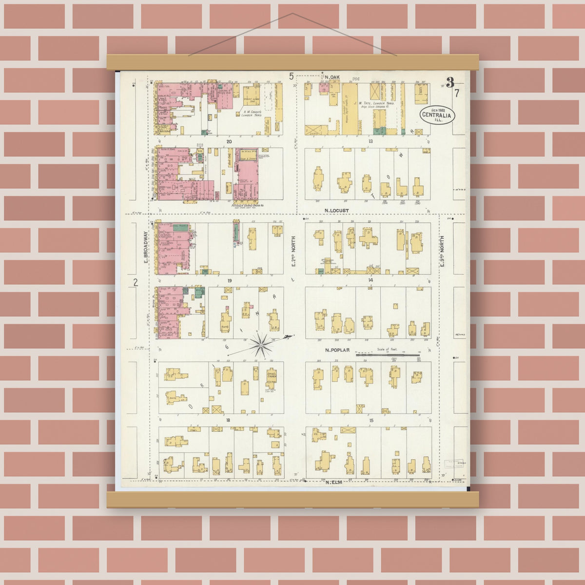 Old map wall art mockup — magnetic wood frame on brick wall — Sanborn Fire Insurance Map from Centralia, Marion, Clinton, Jefferson, and Washington Counties, Illinois (1902), Sheet #0003