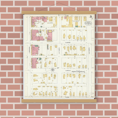 Old map wall art mockup — magnetic wood frame on brick wall — Sanborn Fire Insurance Map from Centralia, Marion, Clinton, Jefferson, and Washington Counties, Illinois (1902), Sheet #0003