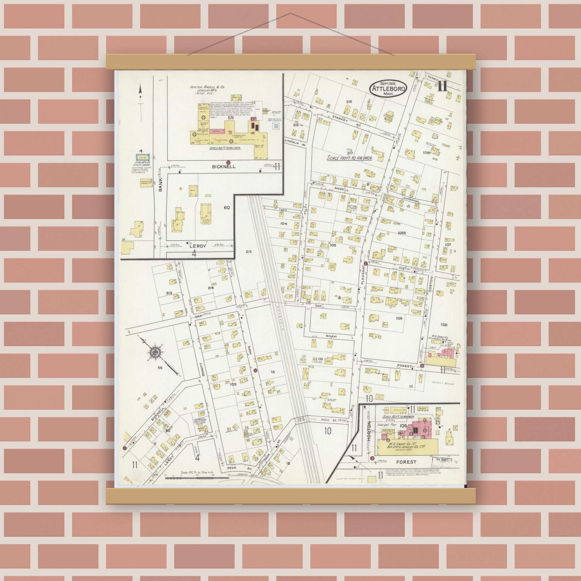 Old map wall art mockup — magnetic wood frame on brick wall — Sanborn Fire Insurance Map from Attleboro, Bristol County, Massachusetts (1916), Sheet #0011