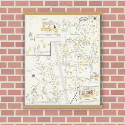 Old map wall art mockup — magnetic wood frame on brick wall — Sanborn Fire Insurance Map from Attleboro, Bristol County, Massachusetts (1916), Sheet #0011