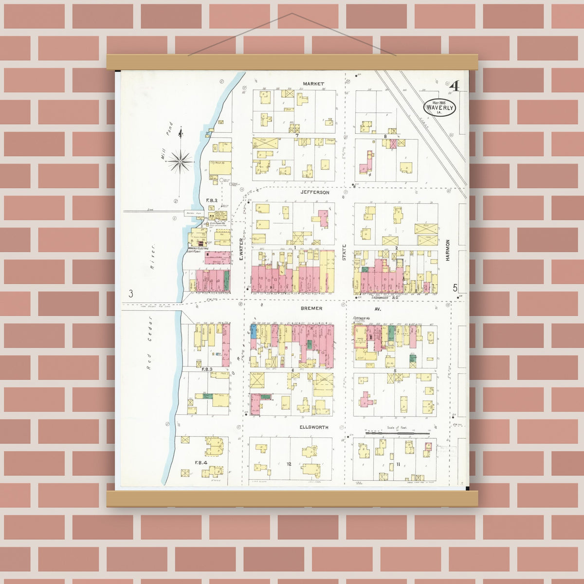 Old map wall art mockup — magnetic wood frame on brick wall — Sanborn Fire Insurance Map from Waverly, Bremer County, Iowa (1905), Sheet #0004