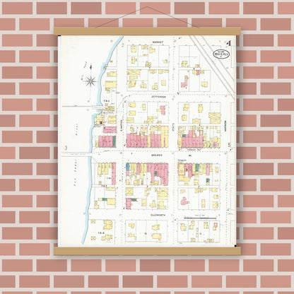 Old map wall art mockup — magnetic wood frame on brick wall — Sanborn Fire Insurance Map from Waverly, Bremer County, Iowa (1905), Sheet #0004