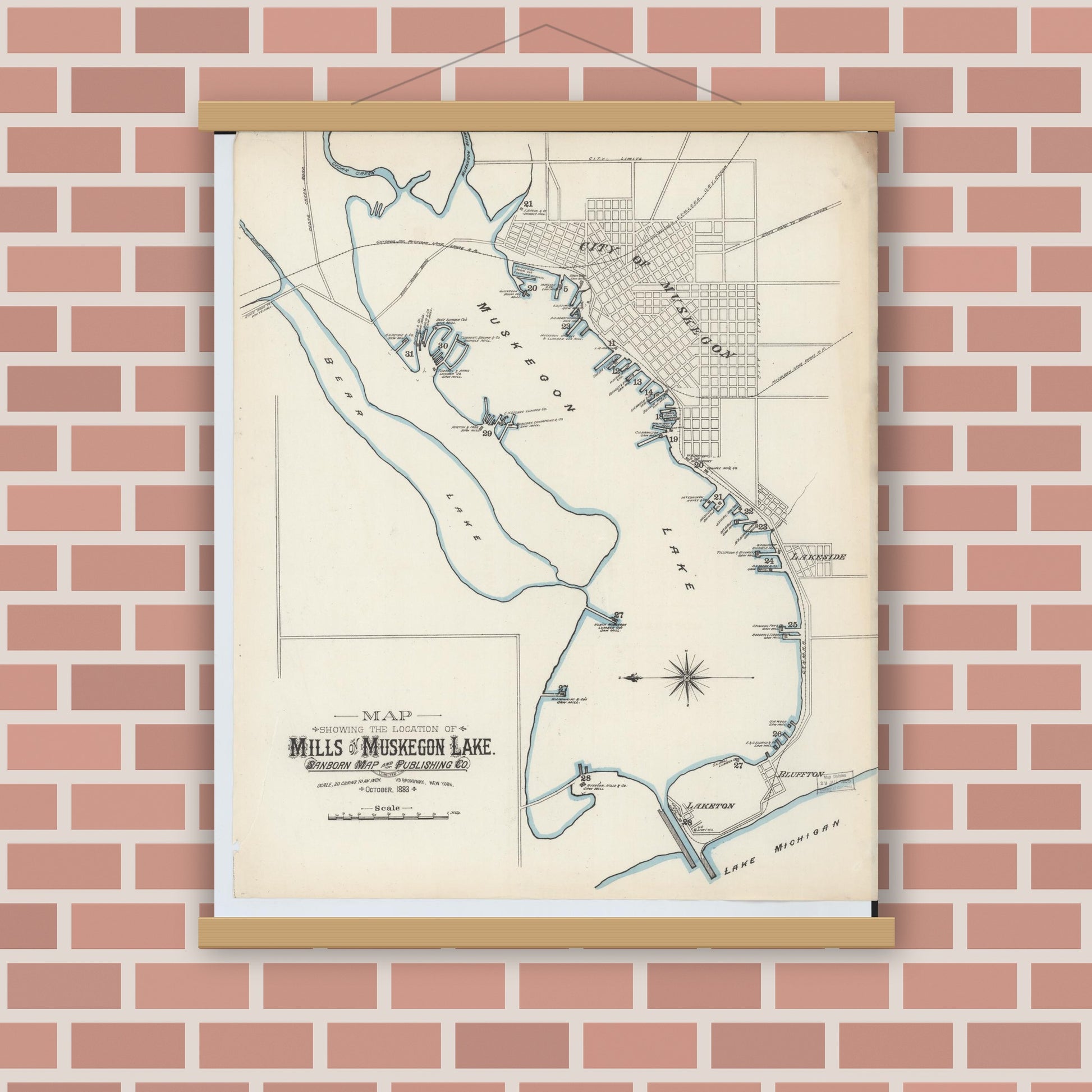 Old map wall art mockup — magnetic wood frame on brick wall — Sanborn Fire Insurance Map from Muskegon, Muskegon County, Michigan (1883), Sheet #0002