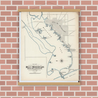 Old map wall art mockup — magnetic wood frame on brick wall — Sanborn Fire Insurance Map from Muskegon, Muskegon County, Michigan (1883), Sheet #0002