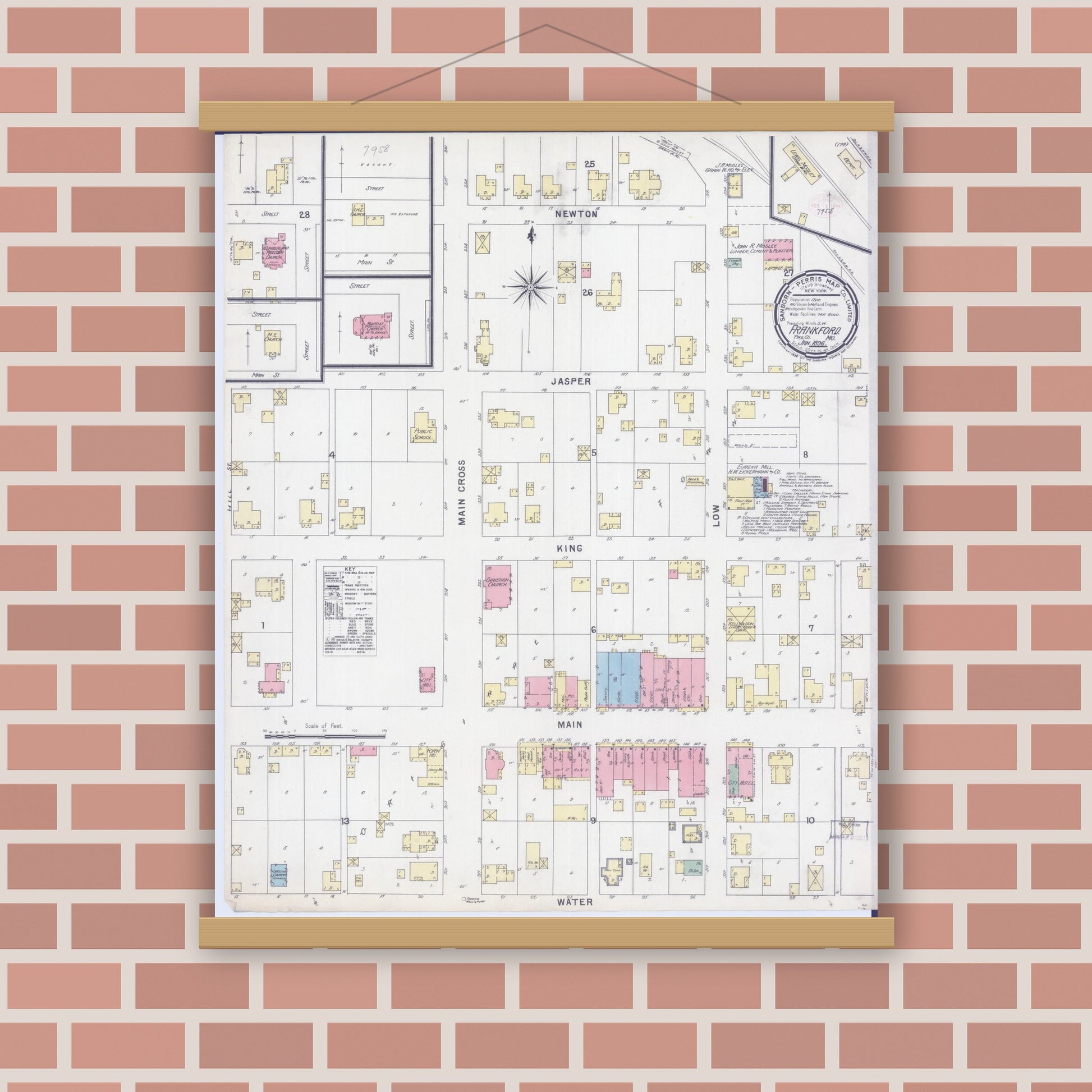Old map wall art mockup — magnetic wood frame on brick wall — Sanborn Fire Insurance Map from Frankford, Pike County, Missouri (1896), Sheet #0001