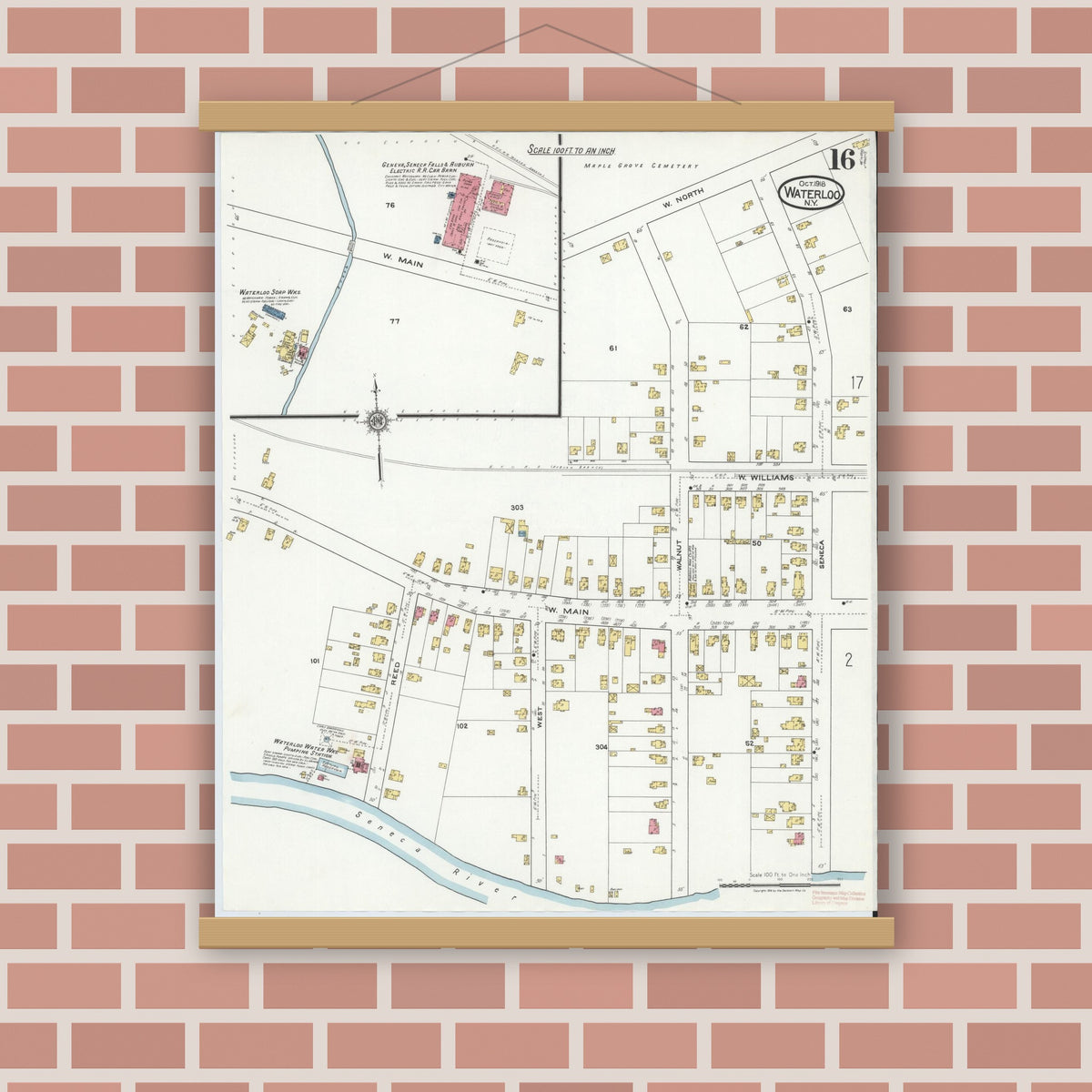Old map wall art mockup — magnetic wood frame on brick wall — Sanborn Fire Insurance Map from Waterloo, Seneca County, New York (1918), Sheet #0016