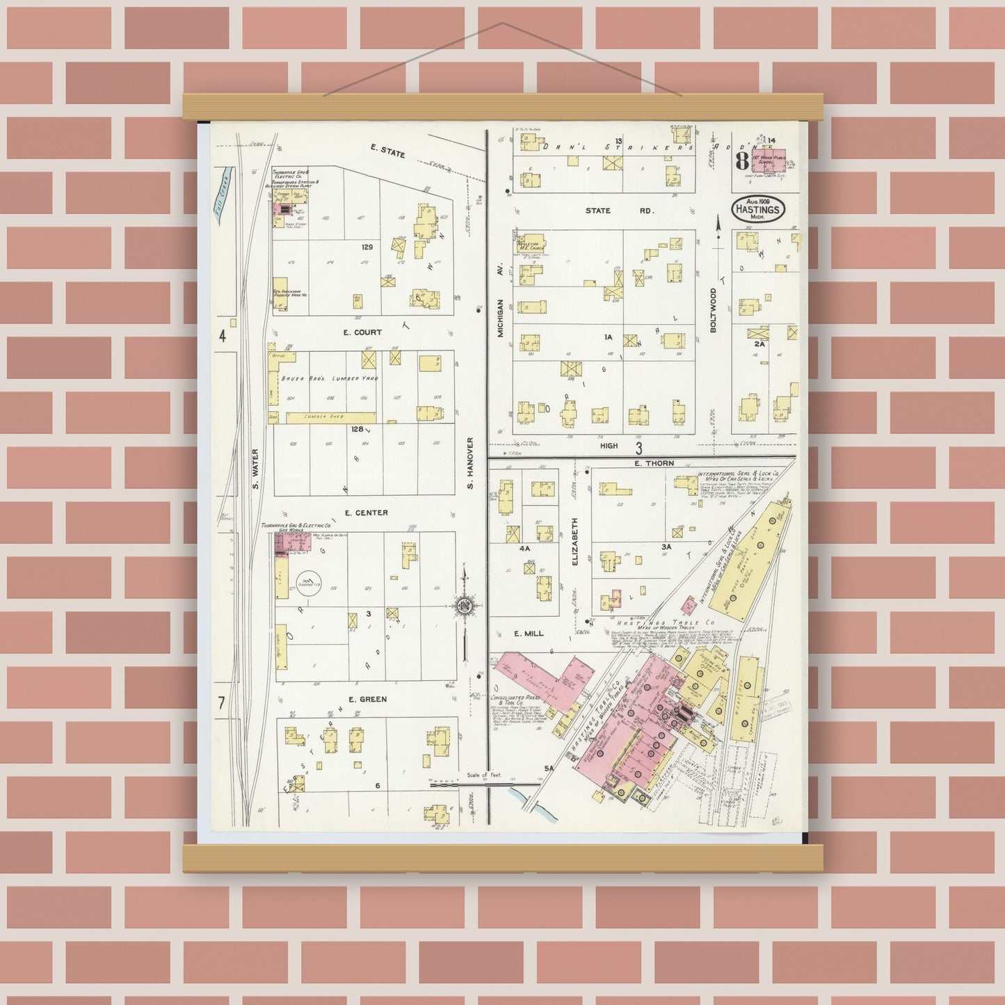 Old map wall art mockup — magnetic wood frame on brick wall — Sanborn Fire Insurance Map from Hastings, Barry County, Michigan (1909), Sheet #0008