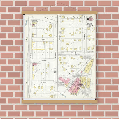 Old map wall art mockup — magnetic wood frame on brick wall — Sanborn Fire Insurance Map from Hastings, Barry County, Michigan (1909), Sheet #0008