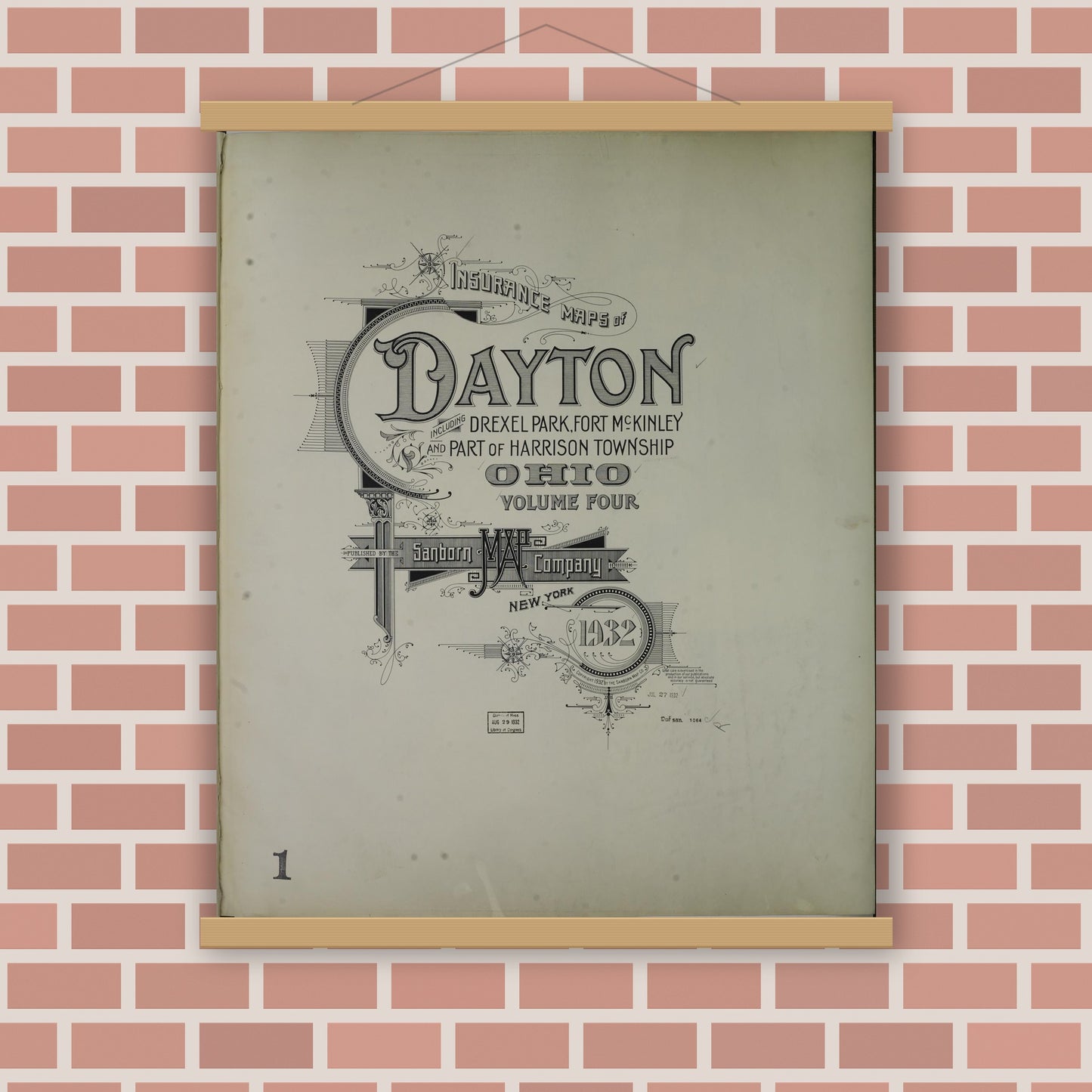 Old map wall art mockup — magnetic wood frame on brick wall — Sanborn Fire Insurance Map from Dayton, Montgomery County, Ohio (1932), Sheet #0001
