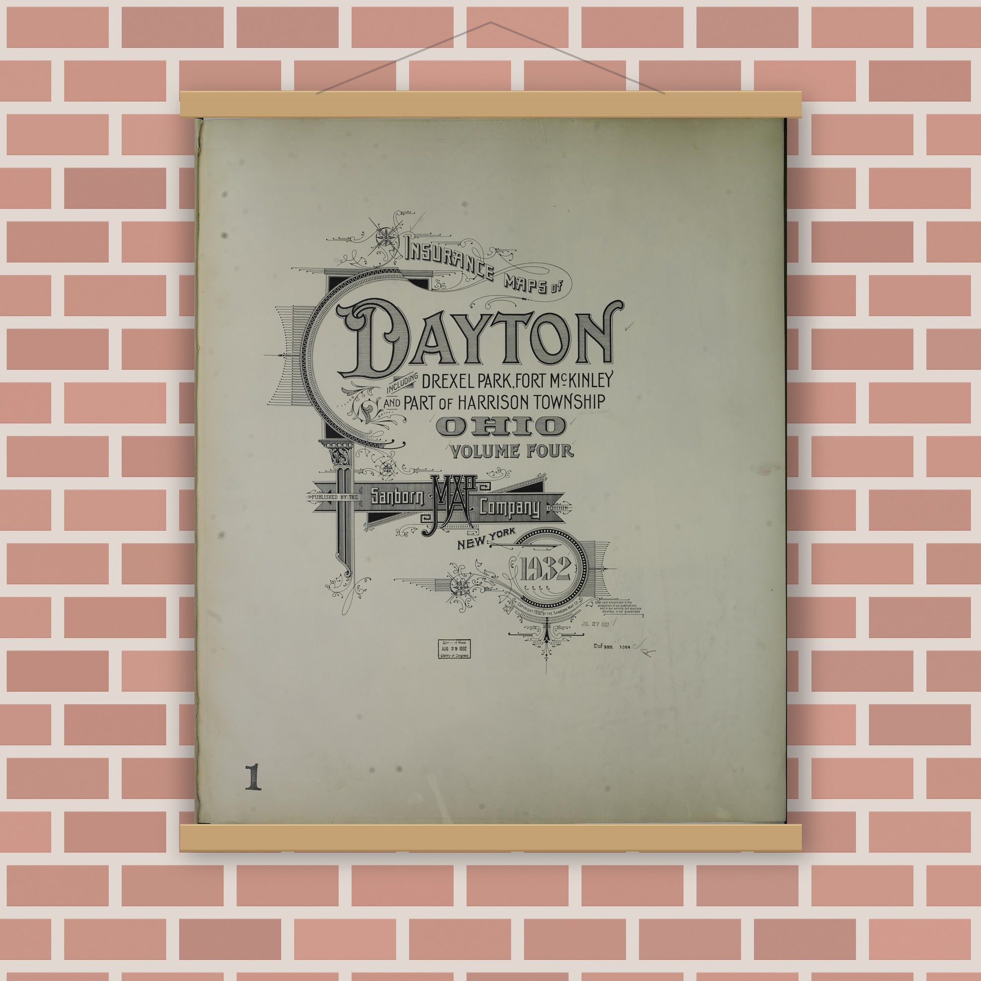 Old map wall art mockup — magnetic wood frame on brick wall — Sanborn Fire Insurance Map from Dayton, Montgomery County, Ohio (1932), Sheet #0001