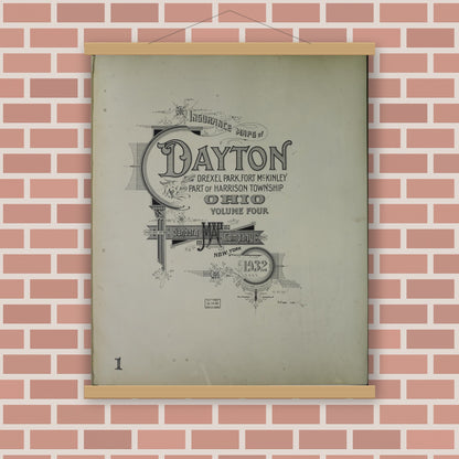Old map wall art mockup — magnetic wood frame on brick wall — Sanborn Fire Insurance Map from Dayton, Montgomery County, Ohio (1932), Sheet #0001