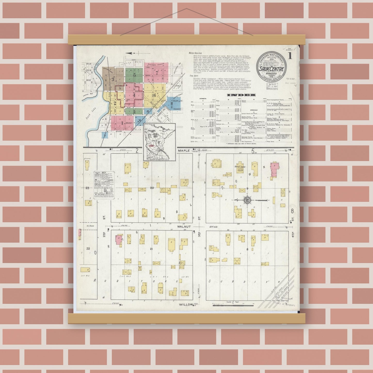 Old map wall art mockup — magnetic wood frame on brick wall — Sanborn Fire Insurance Map from Sauk Centre, Stearns County, Minnesota (1916) - Complete Map Set