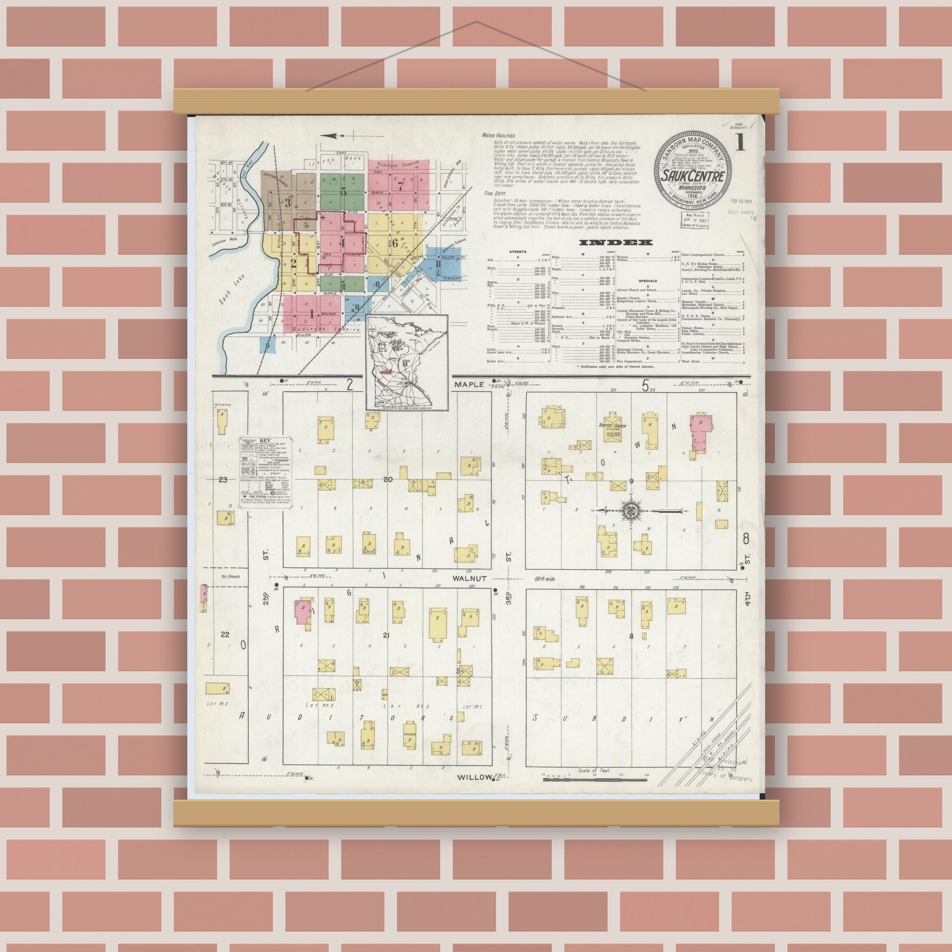 Old map wall art mockup — magnetic wood frame on brick wall — Sanborn Fire Insurance Map from Sauk Centre, Stearns County, Minnesota (1916) - Complete Map Set