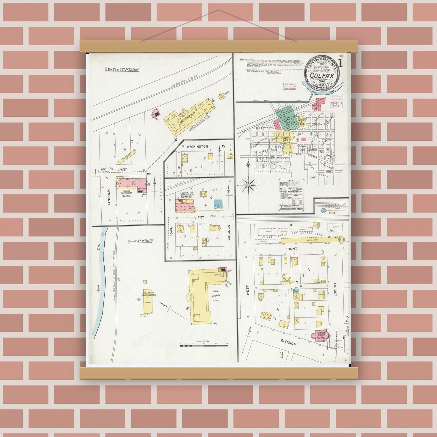 Old map wall art mockup — magnetic wood frame on brick wall — Sanborn Fire Insurance Map from Colfax, Jasper County, Iowa (1906) â€” Complete Set