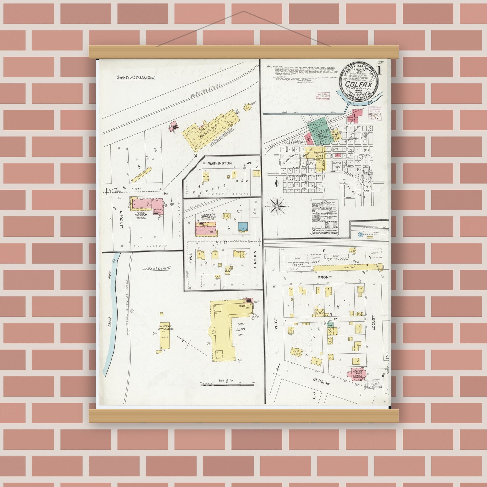 Old map wall art mockup — magnetic wood frame on brick wall — Sanborn Fire Insurance Map from Colfax, Jasper County, Iowa (1906) â€” Complete Set