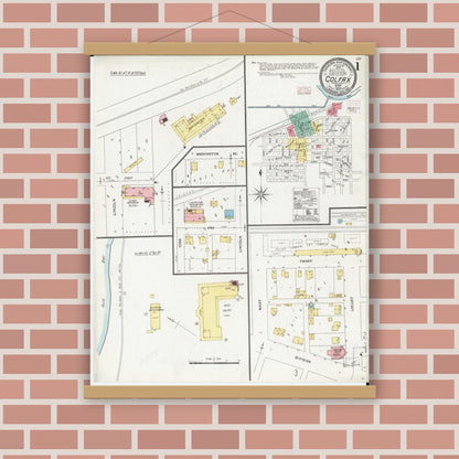 Old map wall art mockup — magnetic wood frame on brick wall — Sanborn Fire Insurance Map from Colfax, Jasper County, Iowa (1906) â€” Complete Set