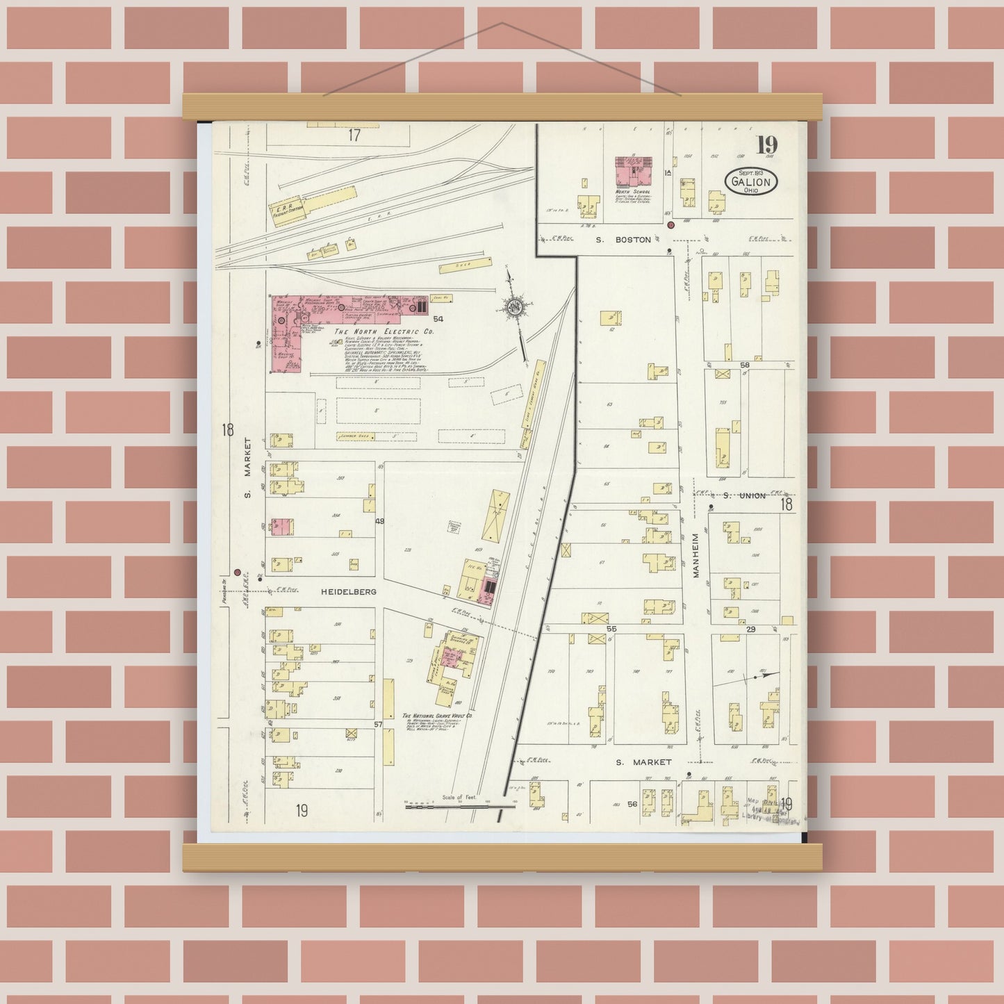 Old map wall art mockup — magnetic wood frame on brick wall — Sanborn Fire Insurance Map from Galion, Crawford County, Ohio (1913), Sheet #0019