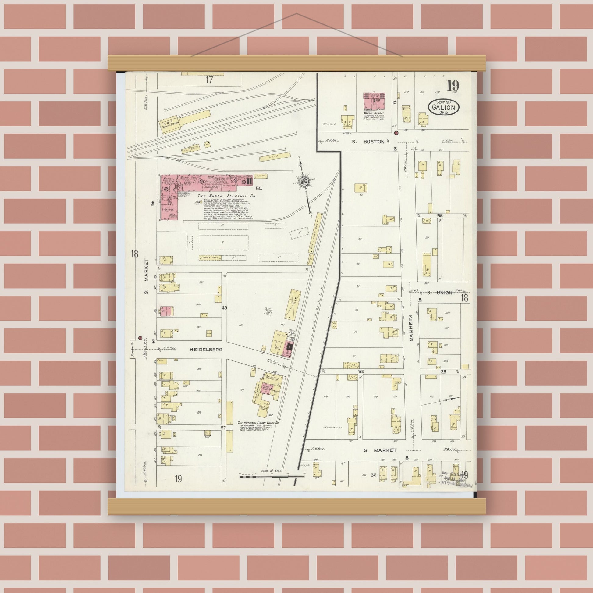 Old map wall art mockup — magnetic wood frame on brick wall — Sanborn Fire Insurance Map from Galion, Crawford County, Ohio (1913), Sheet #0019