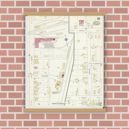 Old map wall art mockup — magnetic wood frame on brick wall — Sanborn Fire Insurance Map from Galion, Crawford County, Ohio (1913), Sheet #0019