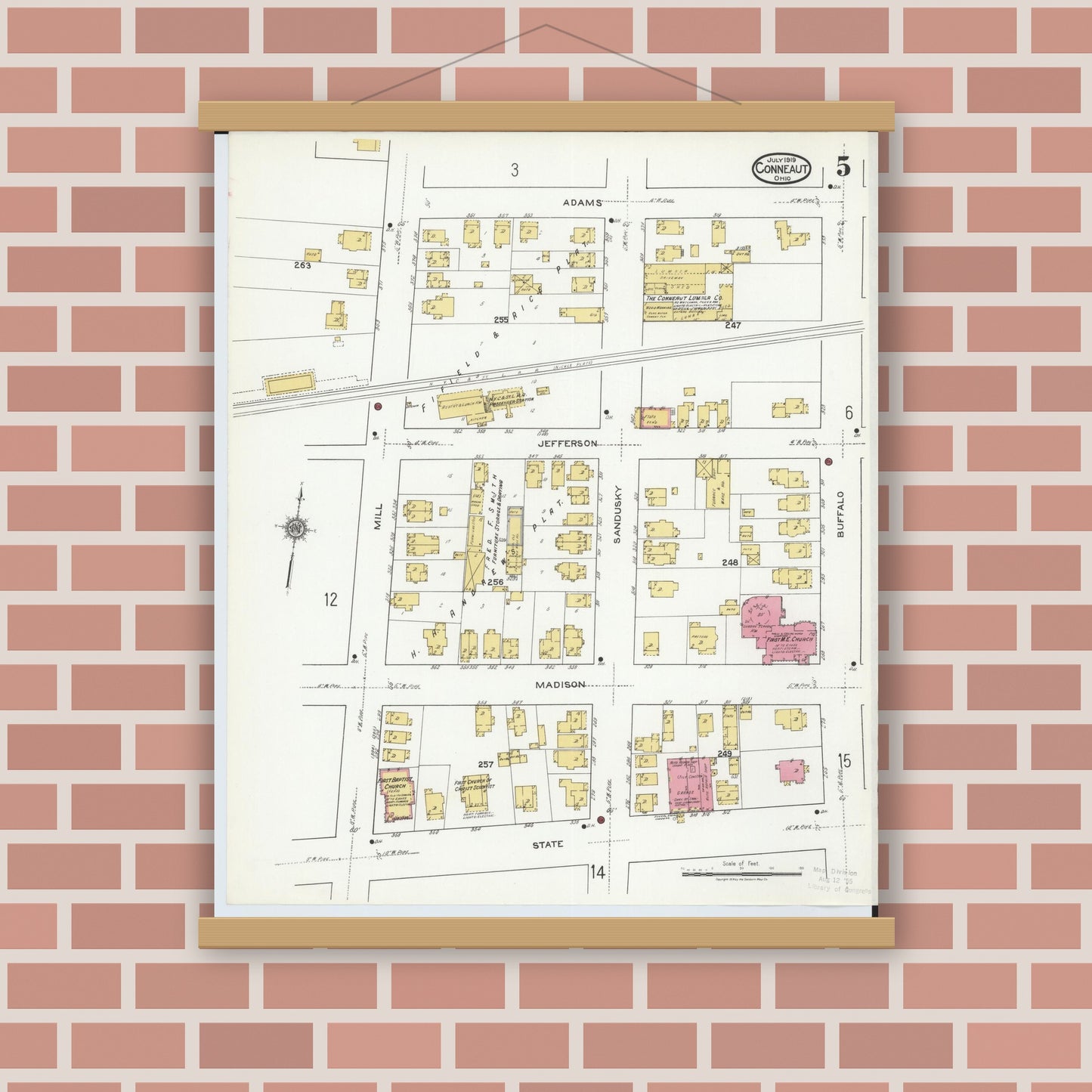 Old map wall art mockup — magnetic wood frame on brick wall — Sanborn Fire Insurance Map from Conneaut, Ashtabula County, Ohio (1919), Sheet #0005