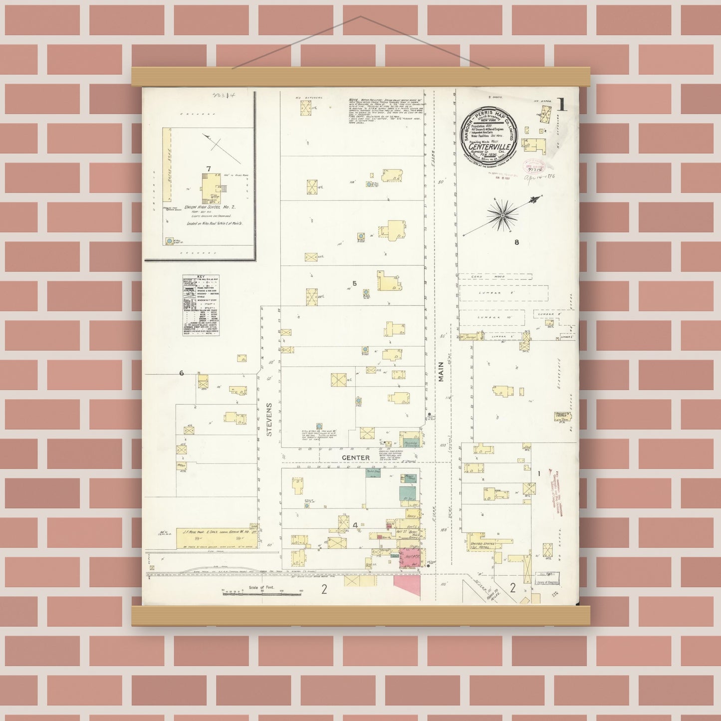Old map wall art mockup — magnetic wood frame on brick wall — Sanborn Fire Insurance Map from Centerville, Alameda County, California (1896), Sheet #0001