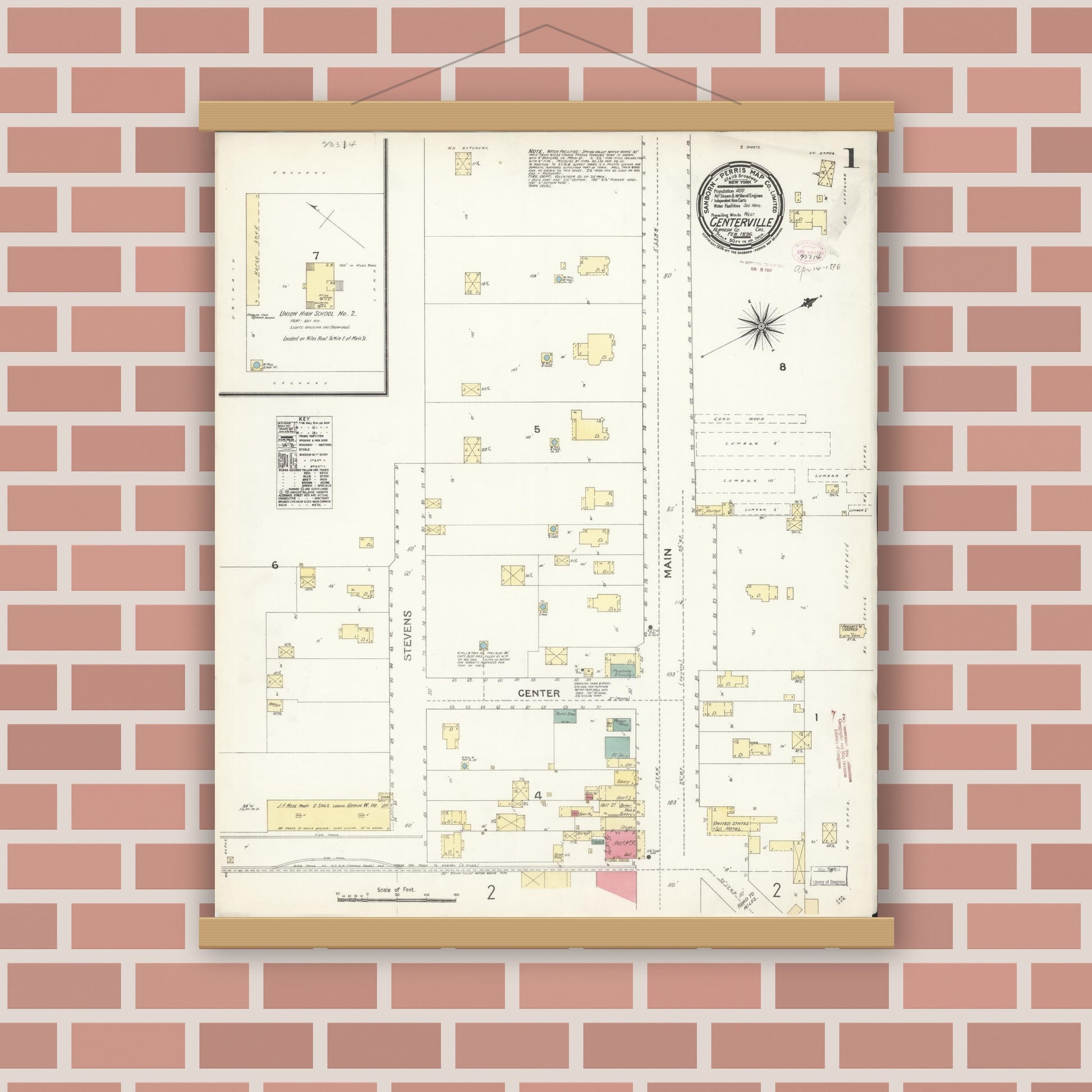 Old map wall art mockup — magnetic wood frame on brick wall — Sanborn Fire Insurance Map from Centerville, Alameda County, California (1896), Sheet #0001