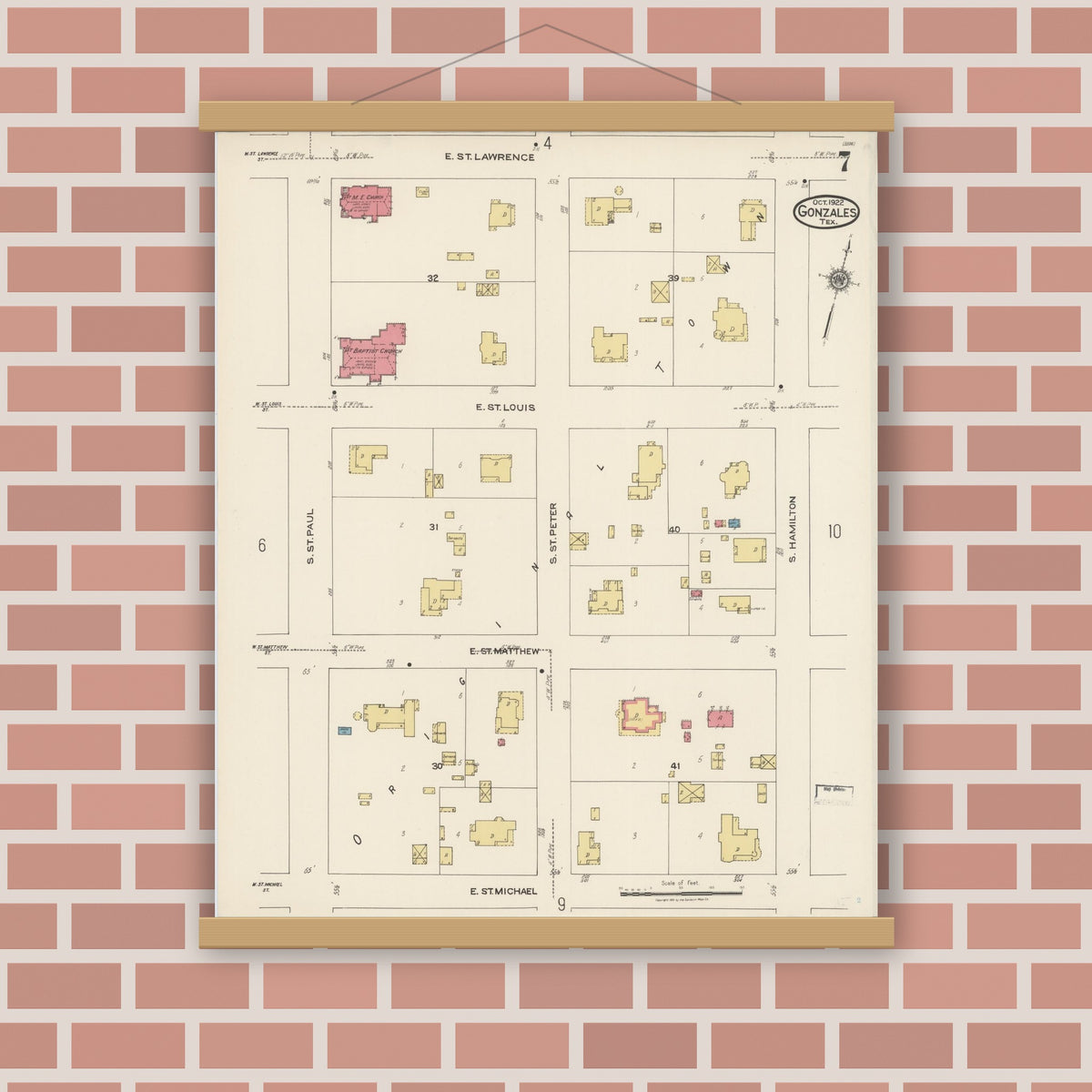 Old map wall art mockup — magnetic wood frame on brick wall — Sanborn Fire Insurance Map from Gonzales, Gonzales County, Texas (1922), Sheet #0007