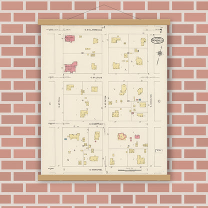 Old map wall art mockup — magnetic wood frame on brick wall — Sanborn Fire Insurance Map from Gonzales, Gonzales County, Texas (1922), Sheet #0007