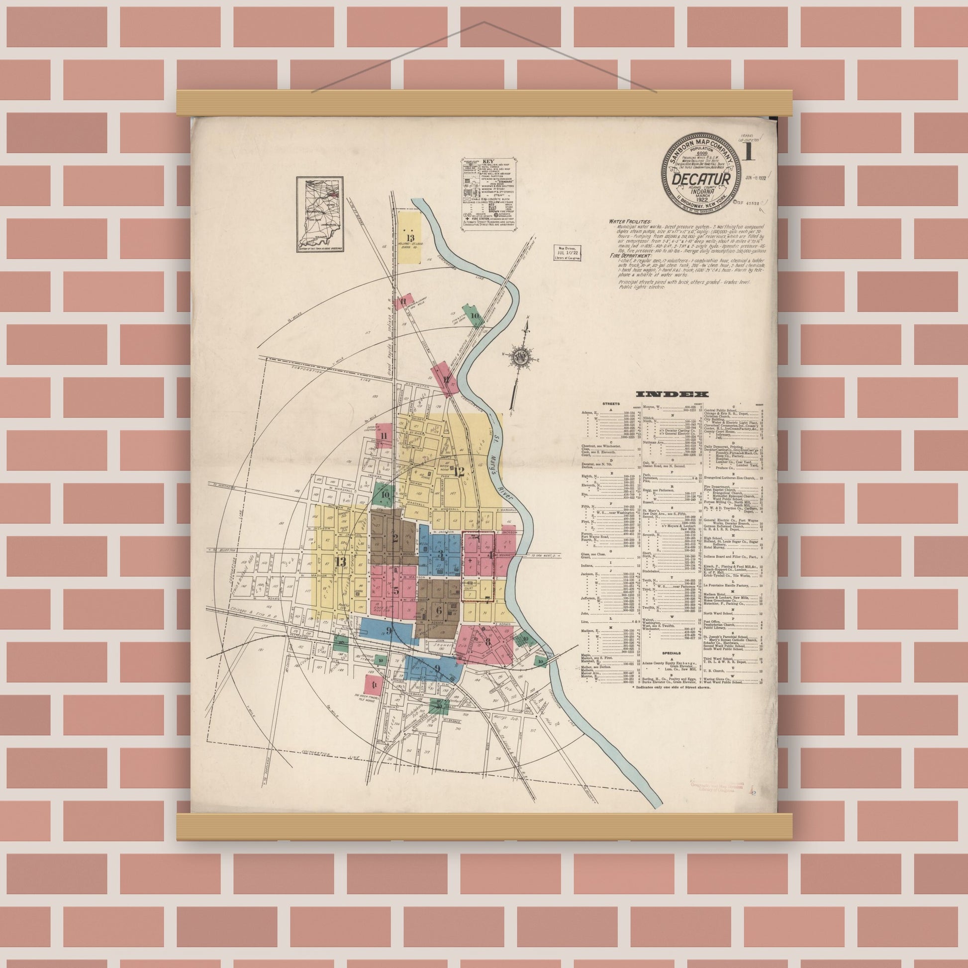 Old map wall art mockup — magnetic wood frame on brick wall — Sanborn Fire Insurance Map from Decatur, Adams County, Indiana (1922) - Complete Map Set
