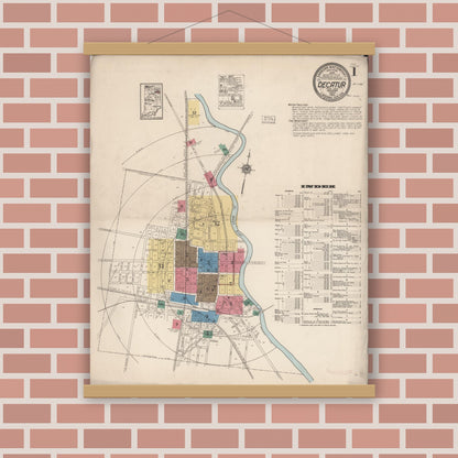 Old map wall art mockup — magnetic wood frame on brick wall — Sanborn Fire Insurance Map from Decatur, Adams County, Indiana (1922) - Complete Map Set