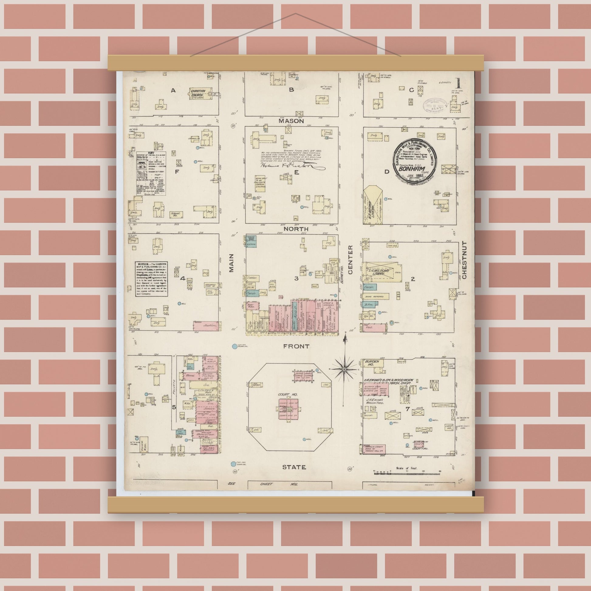 Old map wall art mockup — magnetic wood frame on brick wall — Sanborn Fire Insurance Map from Bonham, Fannin County, Texas (1885), Sheet #0001