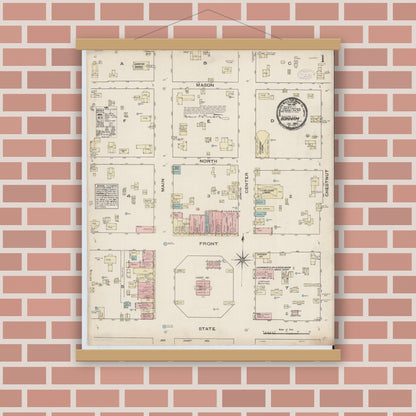 Old map wall art mockup — magnetic wood frame on brick wall — Sanborn Fire Insurance Map from Bonham, Fannin County, Texas (1885), Sheet #0001