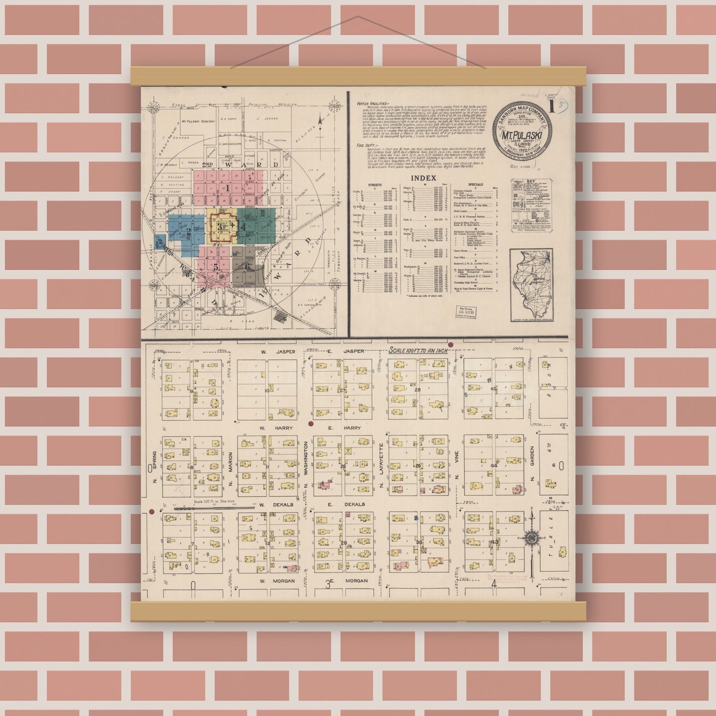 Old map wall art mockup — magnetic wood frame on brick wall — Sanborn Fire Insurance Map from Mount Pulaski, Logan County, Illinois (1922), Sheet #0001