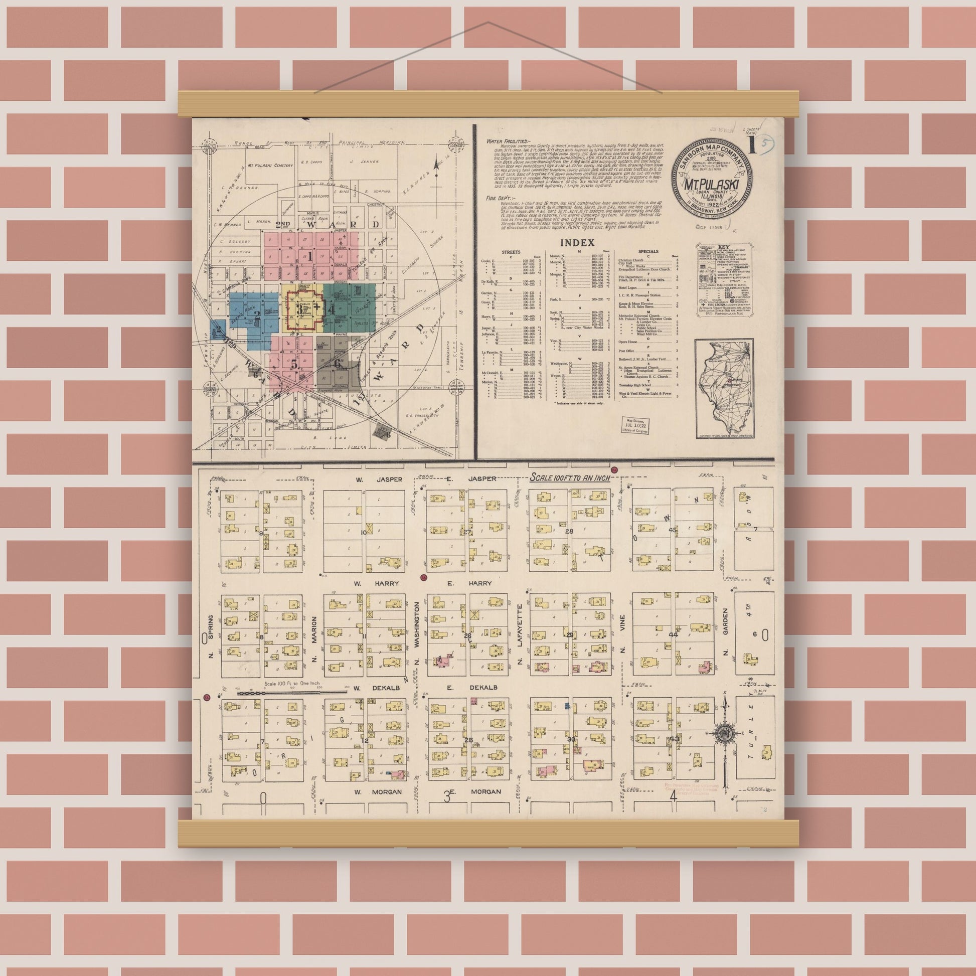 Old map wall art mockup — magnetic wood frame on brick wall — Sanborn Fire Insurance Map from Mount Pulaski, Logan County, Illinois (1922), Sheet #0001