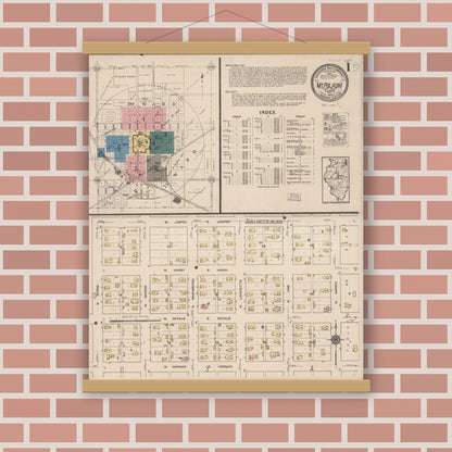 Old map wall art mockup — magnetic wood frame on brick wall — Sanborn Fire Insurance Map from Mount Pulaski, Logan County, Illinois (1922), Sheet #0001