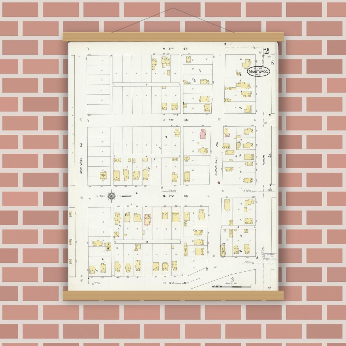 Old map wall art mockup — magnetic wood frame on brick wall — Sanborn Fire Insurance Map from Manitowoc, Manitowoc County, Wisconsin (1912), Sheet #0002