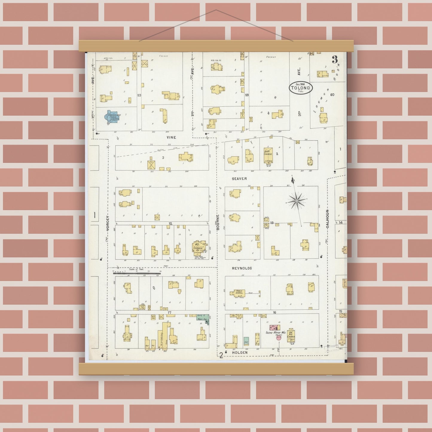 Old map wall art mockup — magnetic wood frame on brick wall — Sanborn Fire Insurance Map from Tolono, Champaign County, Illinois (1898), Sheet #0003