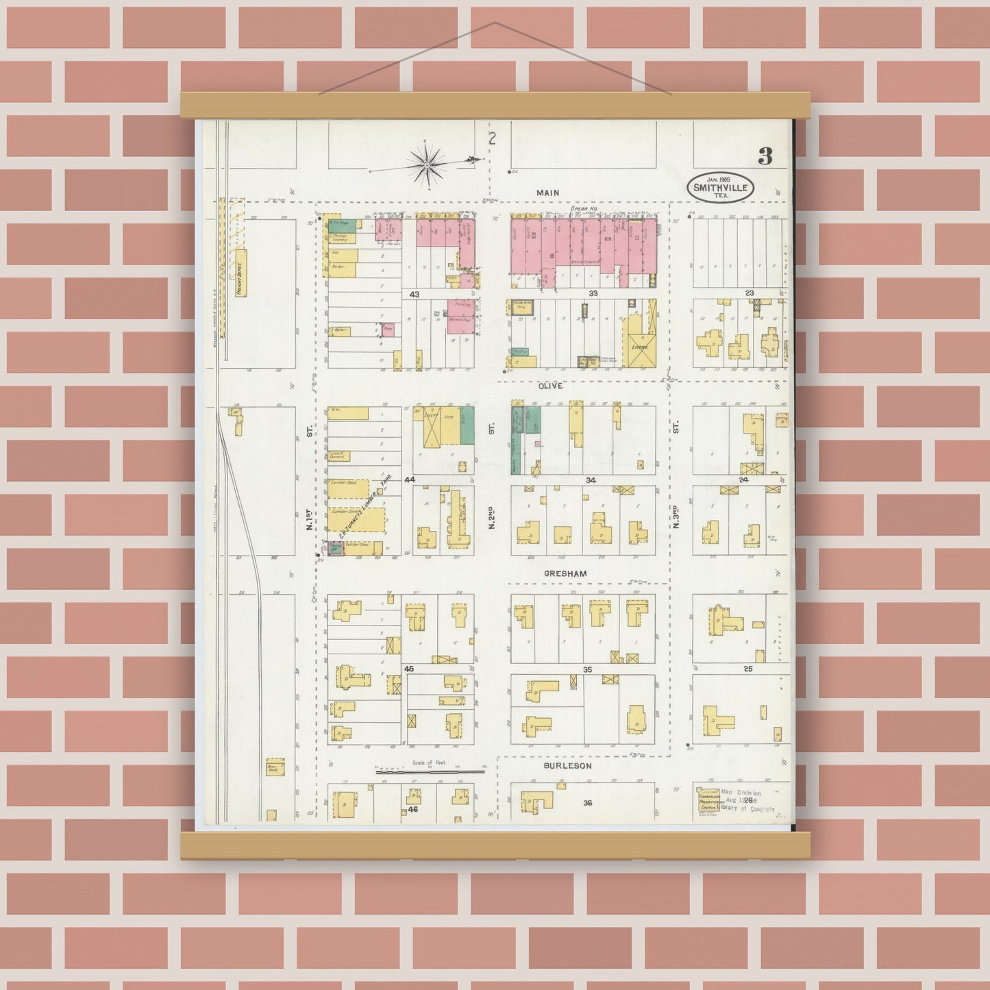 Old map wall art mockup — magnetic wood frame on brick wall — Sanborn Fire Insurance Map from Smithville, Bastrop County, Texas (1905), Sheet #0003