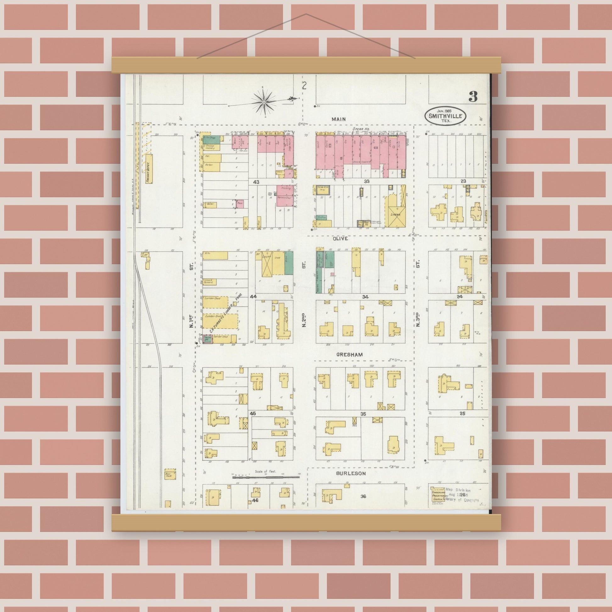 Old map wall art mockup — magnetic wood frame on brick wall — Sanborn Fire Insurance Map from Smithville, Bastrop County, Texas (1905), Sheet #0003