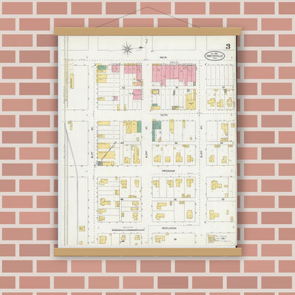 Old map wall art mockup — magnetic wood frame on brick wall — Sanborn Fire Insurance Map from Smithville, Bastrop County, Texas (1905), Sheet #0003